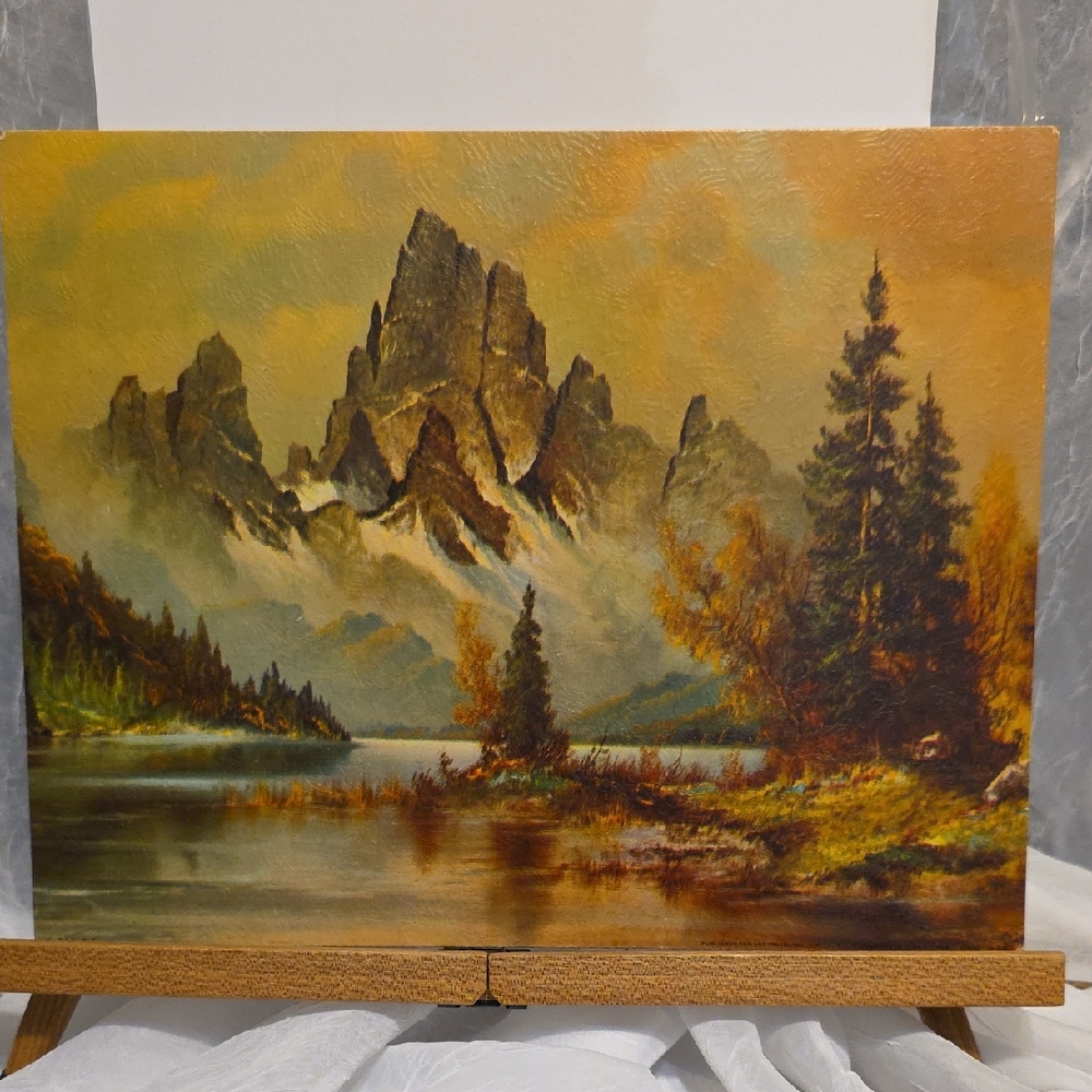 VTG - Mountain Landscape Art Print - Cardboard Litho - Timberline Lake By Wilber